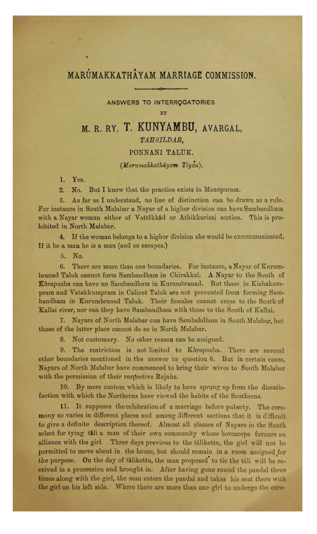 M. R. Ry. T. Kunyambu, Avargal, Tahsildar, Ponnani Taluk