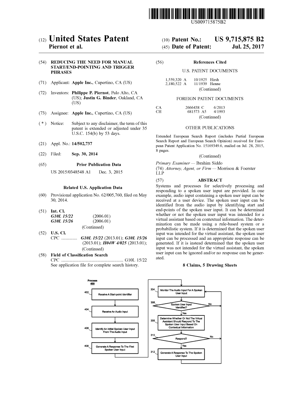 (12) United States Patent (10) Patent No.: US 9,715,875 B2 Piernot Et Al