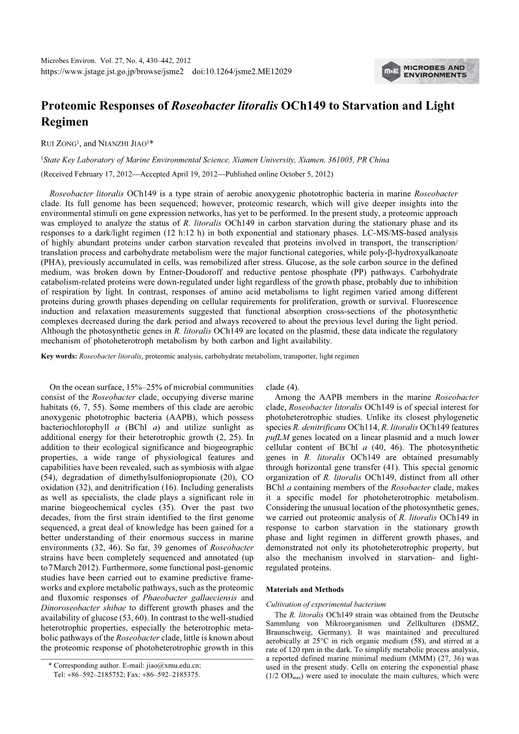 Proteomic Responses of Roseobacter Litoralis Och149 to Starvation and Light Regimen