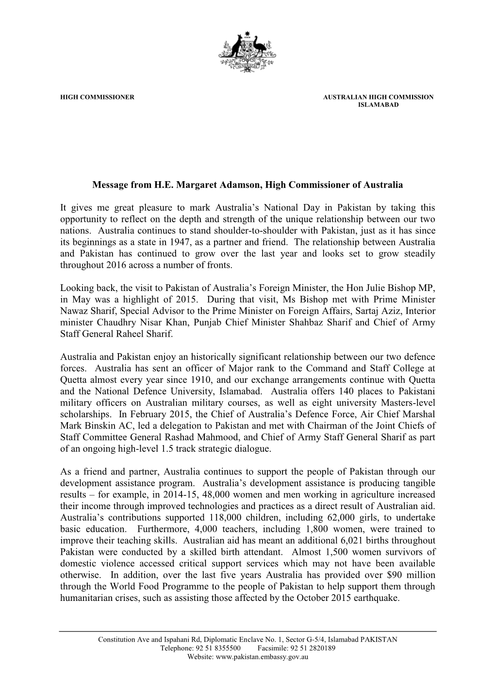 Message from H.E. Margaret Adamson, High Commissioner of Australia