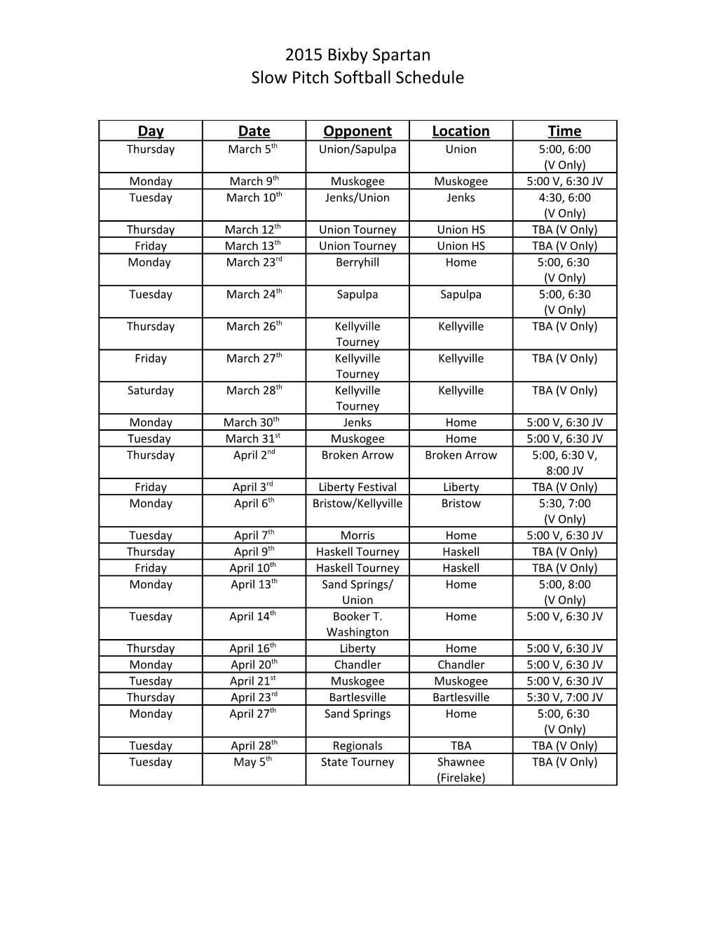 Slow Pitch Softball Schedule