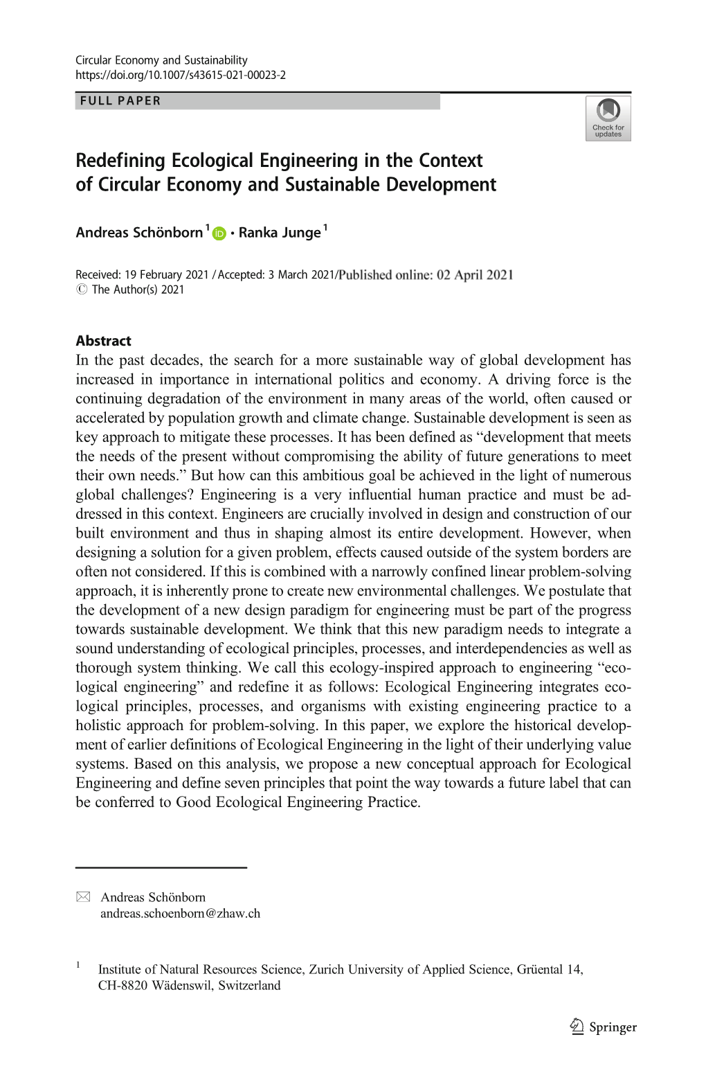 Redefining Ecological Engineering in the Context of Circular Economy and Sustainable Development