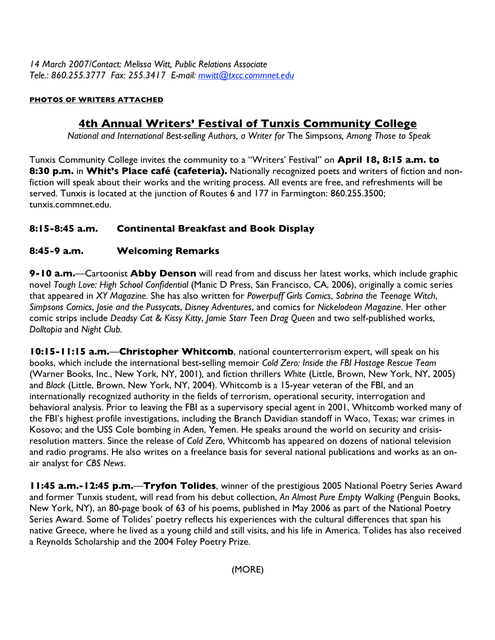 4Th Annual Writers' Festival of Tunxis Community College