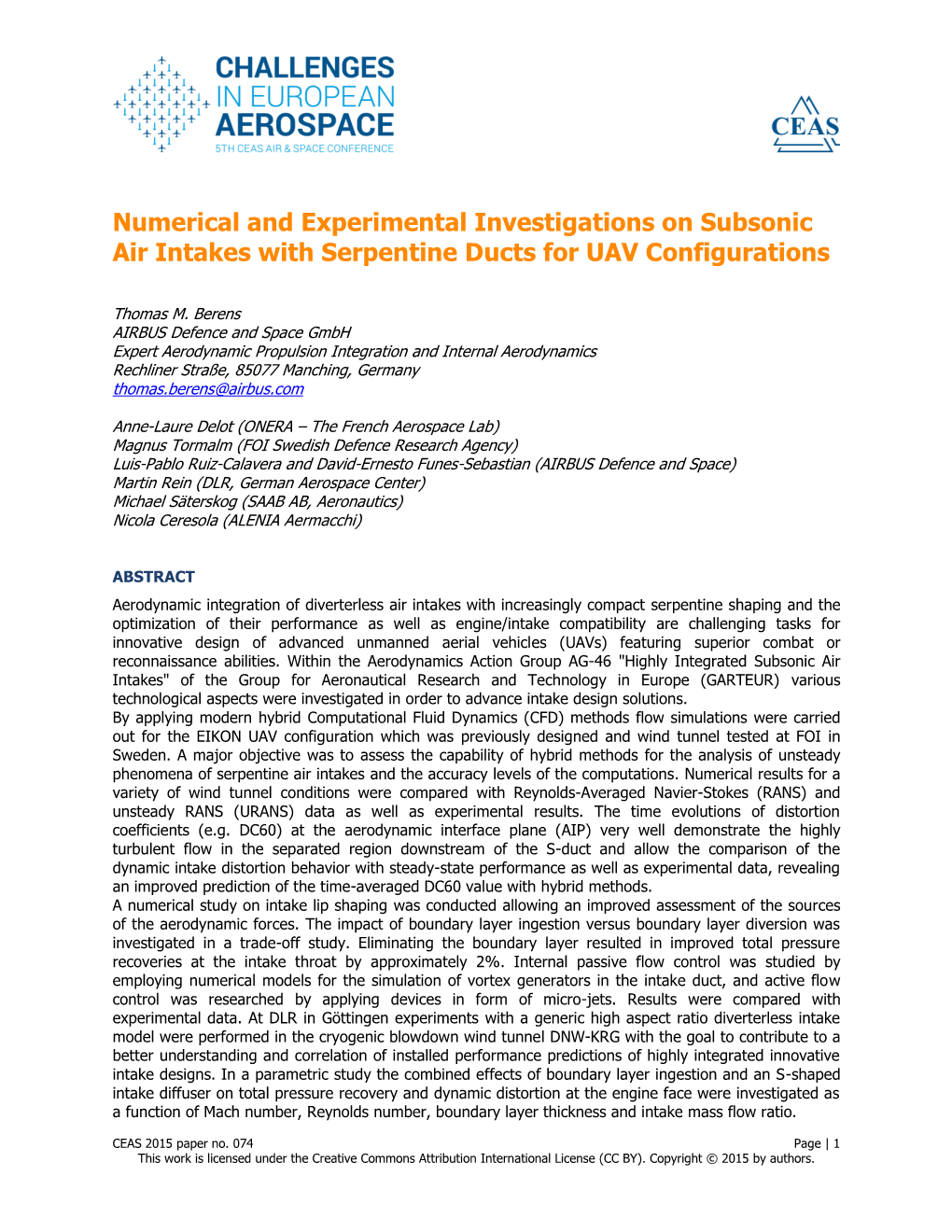 Numerical and Experimental Investigations on Subsonic Air Intakes with Serpentine Ducts for UAV Configurations