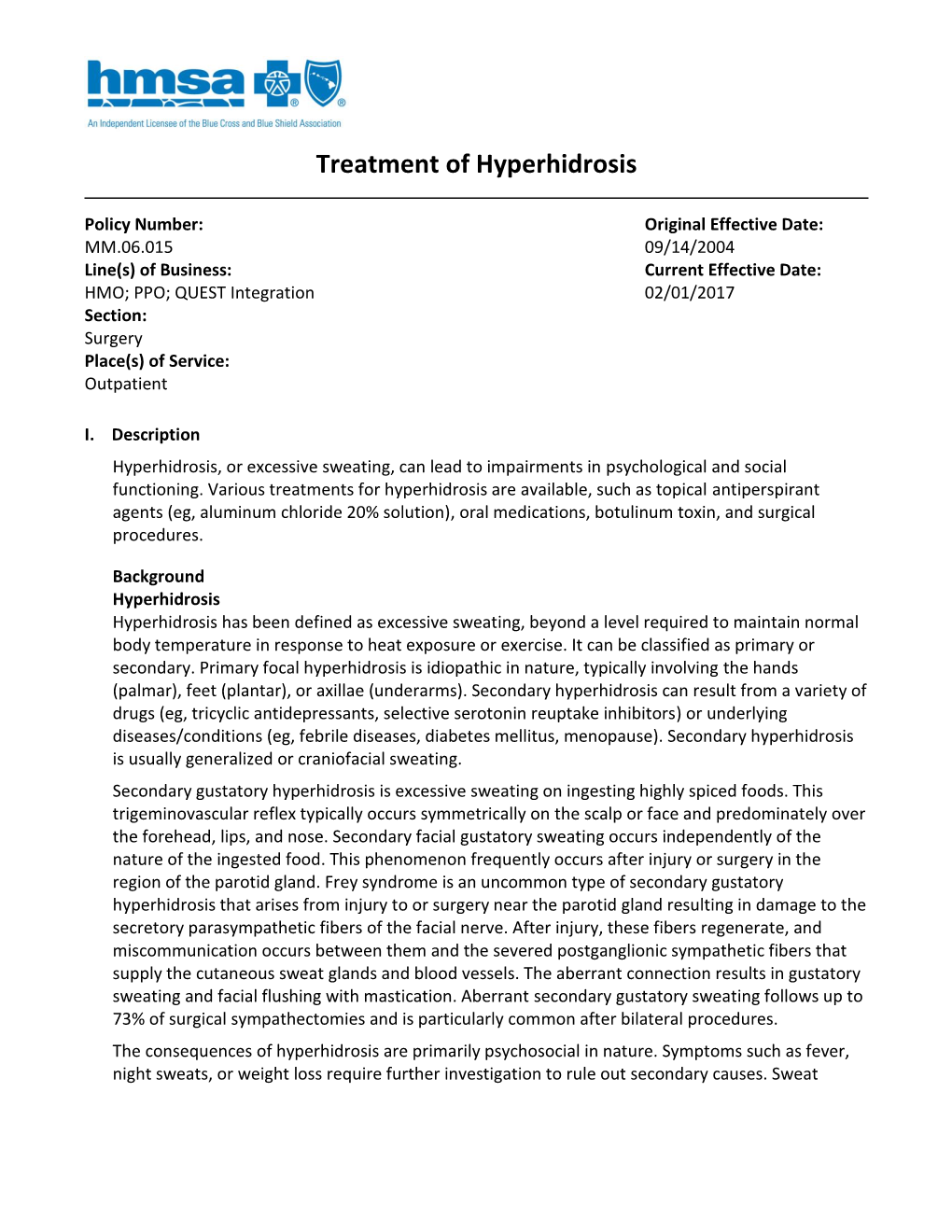 Treatment of Hyperhidrosis