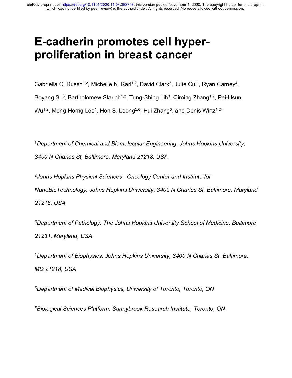 E-Cadherin Promotes Cell Hyper-Proliferation in Breast Cancer