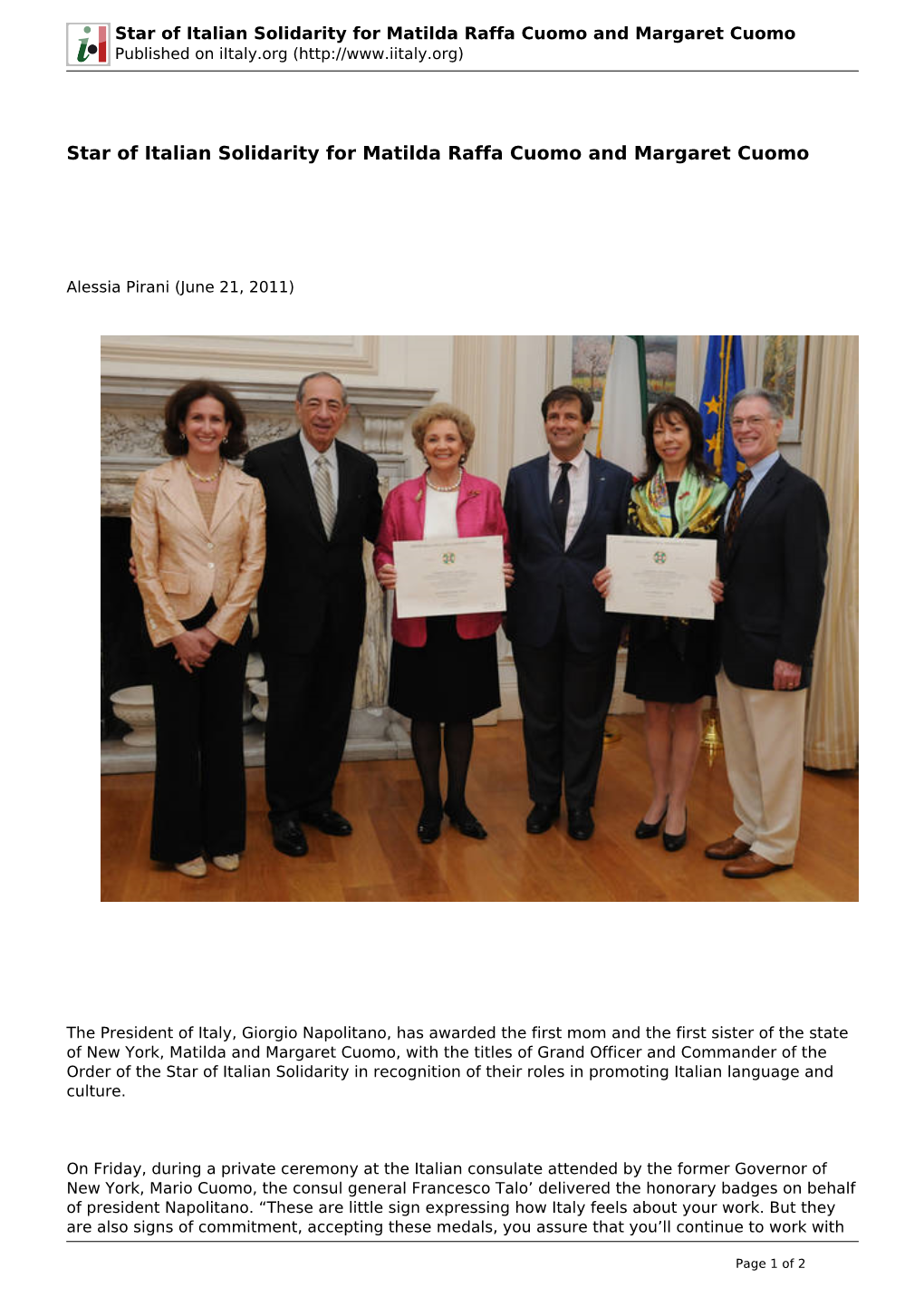 Star of Italian Solidarity for Matilda Raffa Cuomo and Margaret Cuomo Published on Iitaly.Org (