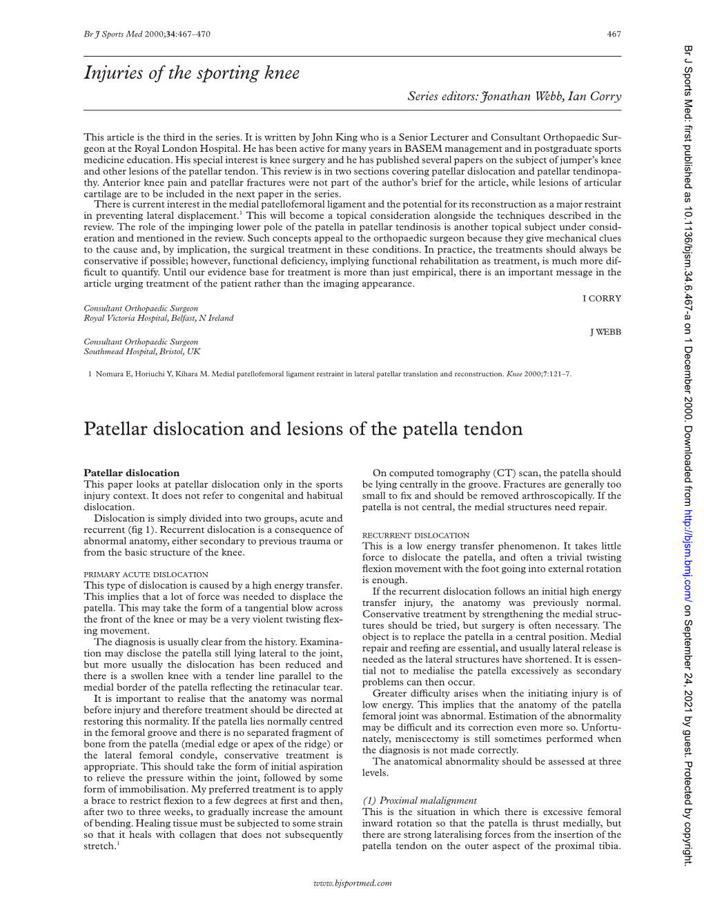 Injuries of the Sporting Knee Patellar Dislocation and Lesions of The