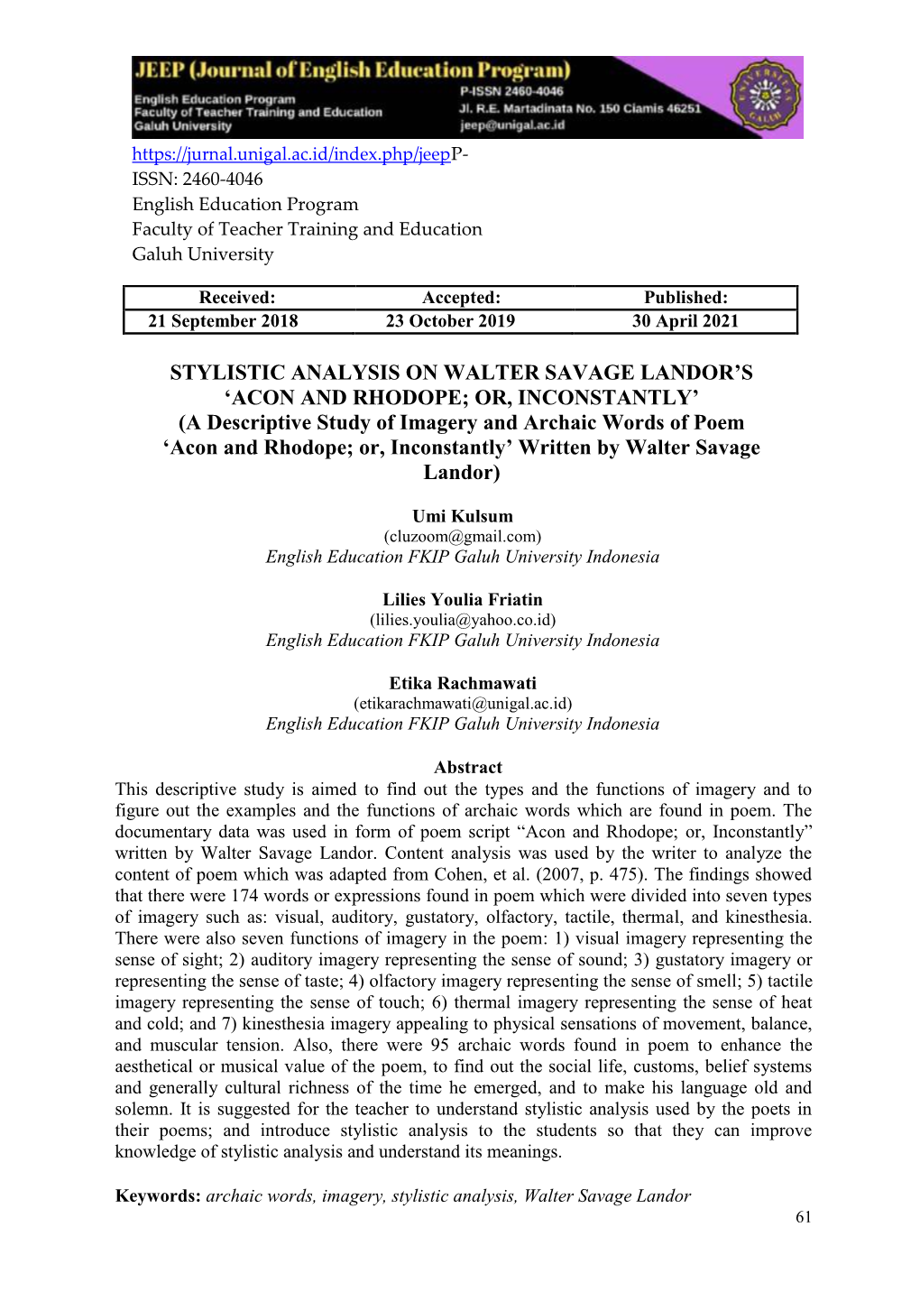 Stylistic Analysis on Walter Savage Landor's