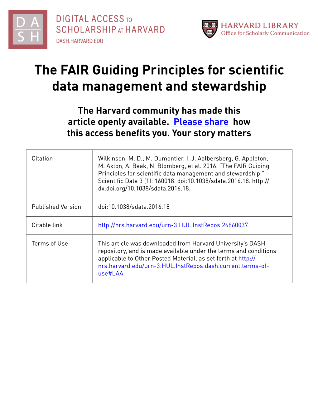 The FAIR Guiding Principles for Scientific Data Management and Stewardship