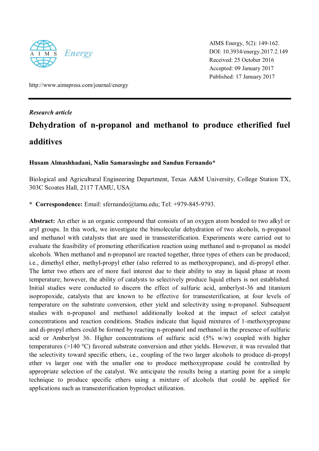 Dehydration of N-Propanol and Methanol to Produce Etherified Fuel Additives