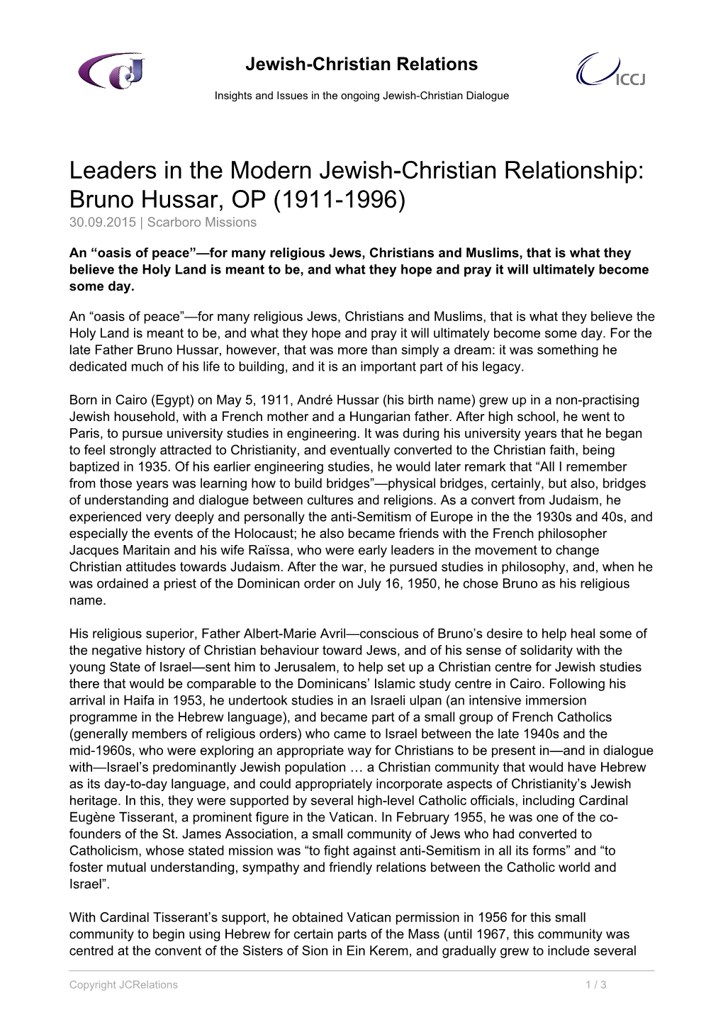 Leaders in the Modern Jewish-Christian Relationship: Bruno Hussar, OP (1911-1996) 30.09.2015 | Scarboro Missions