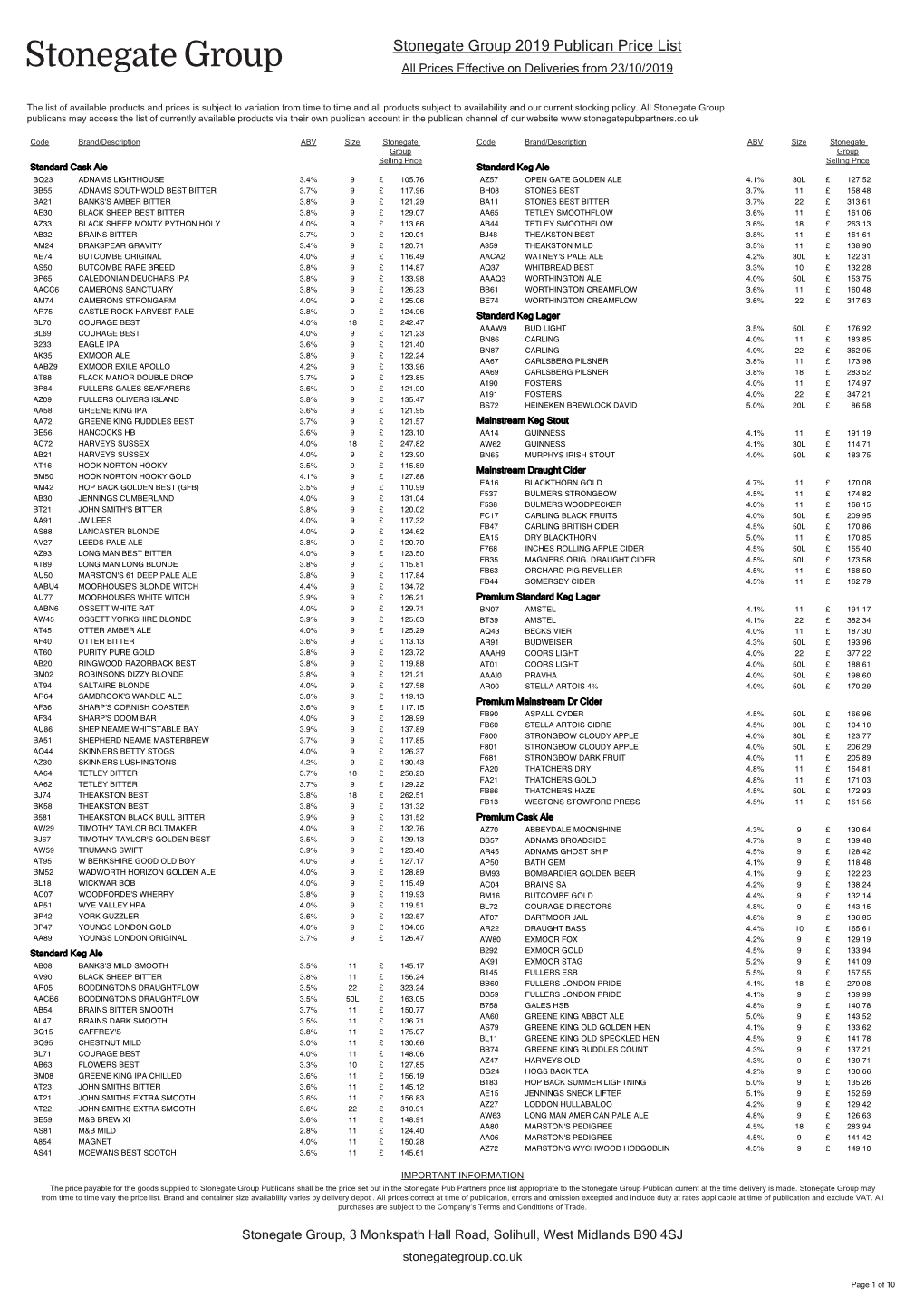 Publican Price List 2019