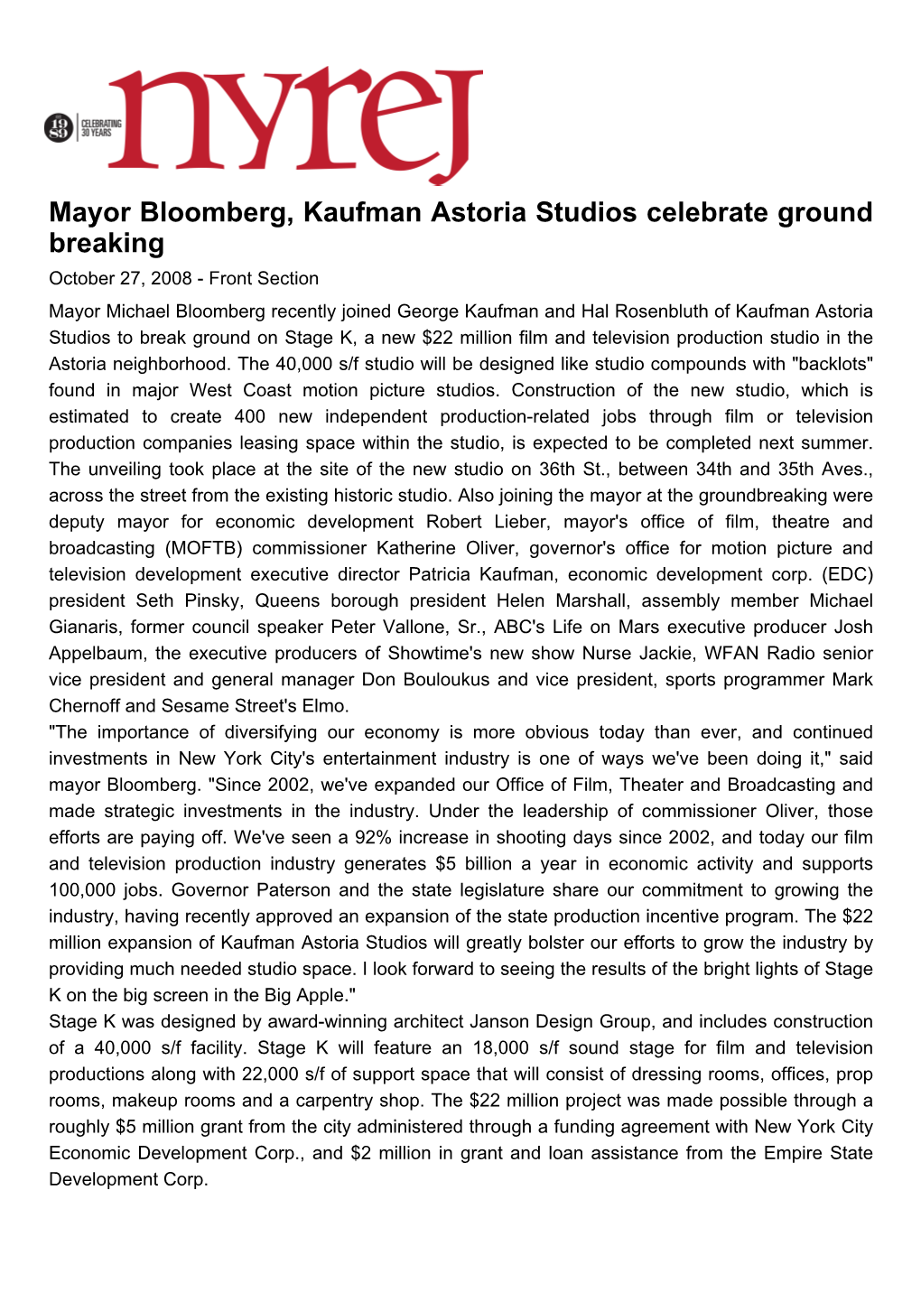 Mayor Bloomberg, Kaufman Astoria Studios Celebrate