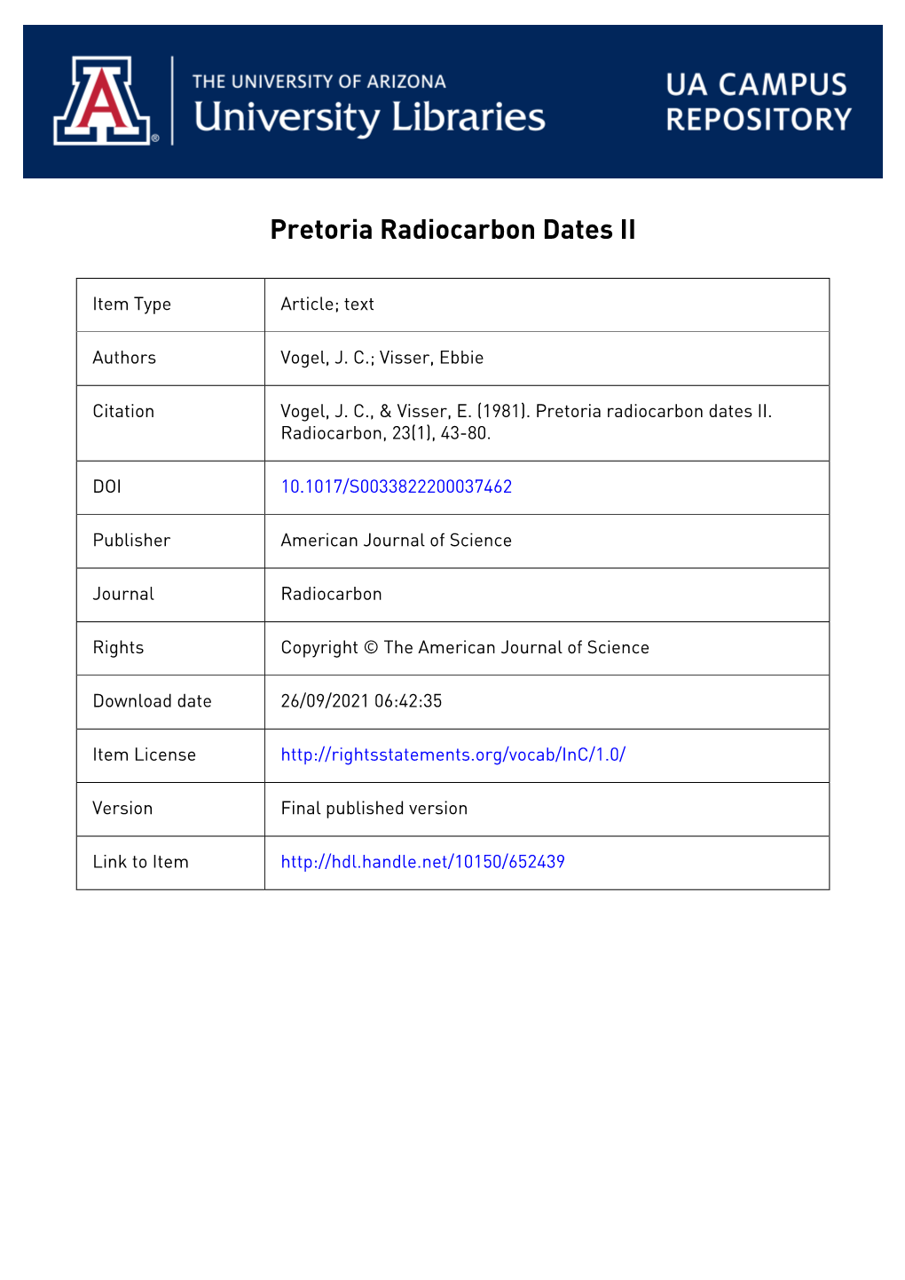 PRETORIA RADIOCARBON DATES II National Physical Research