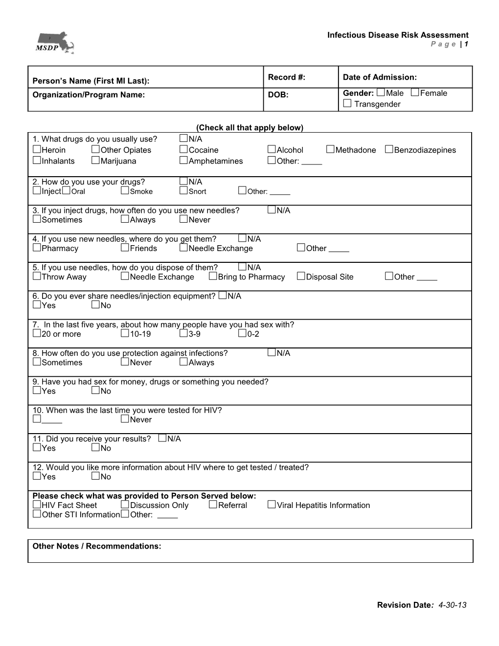 CAB Health & Recovery Services HIV RISK ASSESSMENT