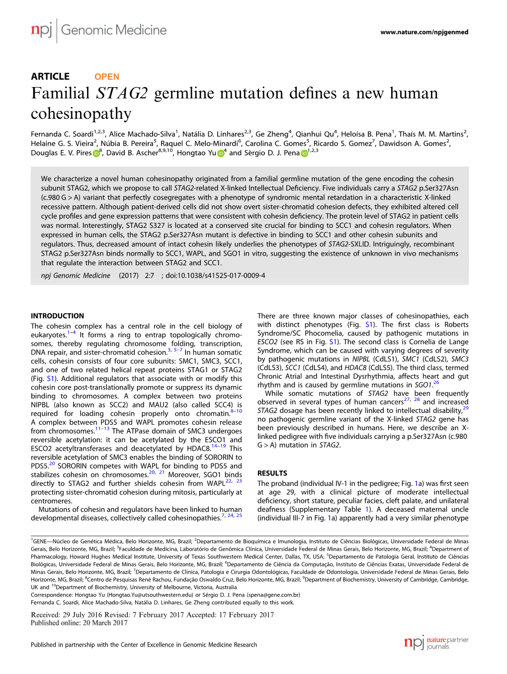 Familial STAG2 Germline Mutation Defines a New Human Cohesinopathy