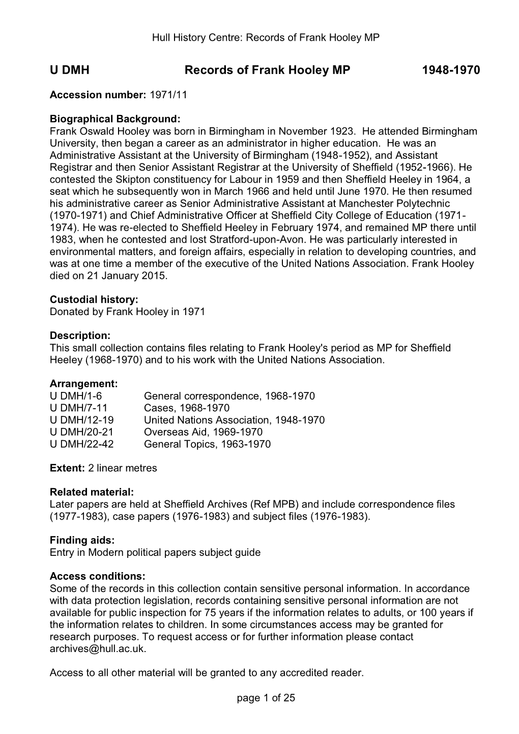 U DMH Records of Frank Hooley MP 1948-1970