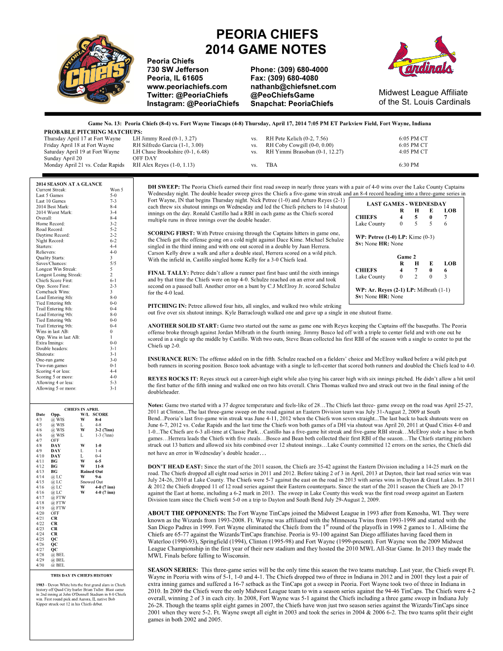 Peoria Chiefs 2014 Game Notes