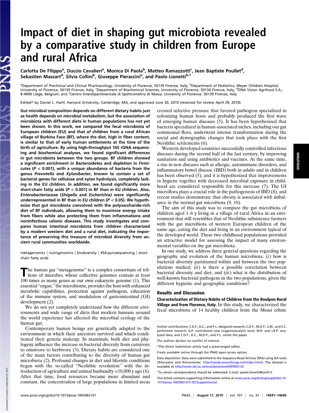 Impact of Diet in Shaping Gut Microbiota Revealed by a Comparative Study in Children from Europe and Rural Africa