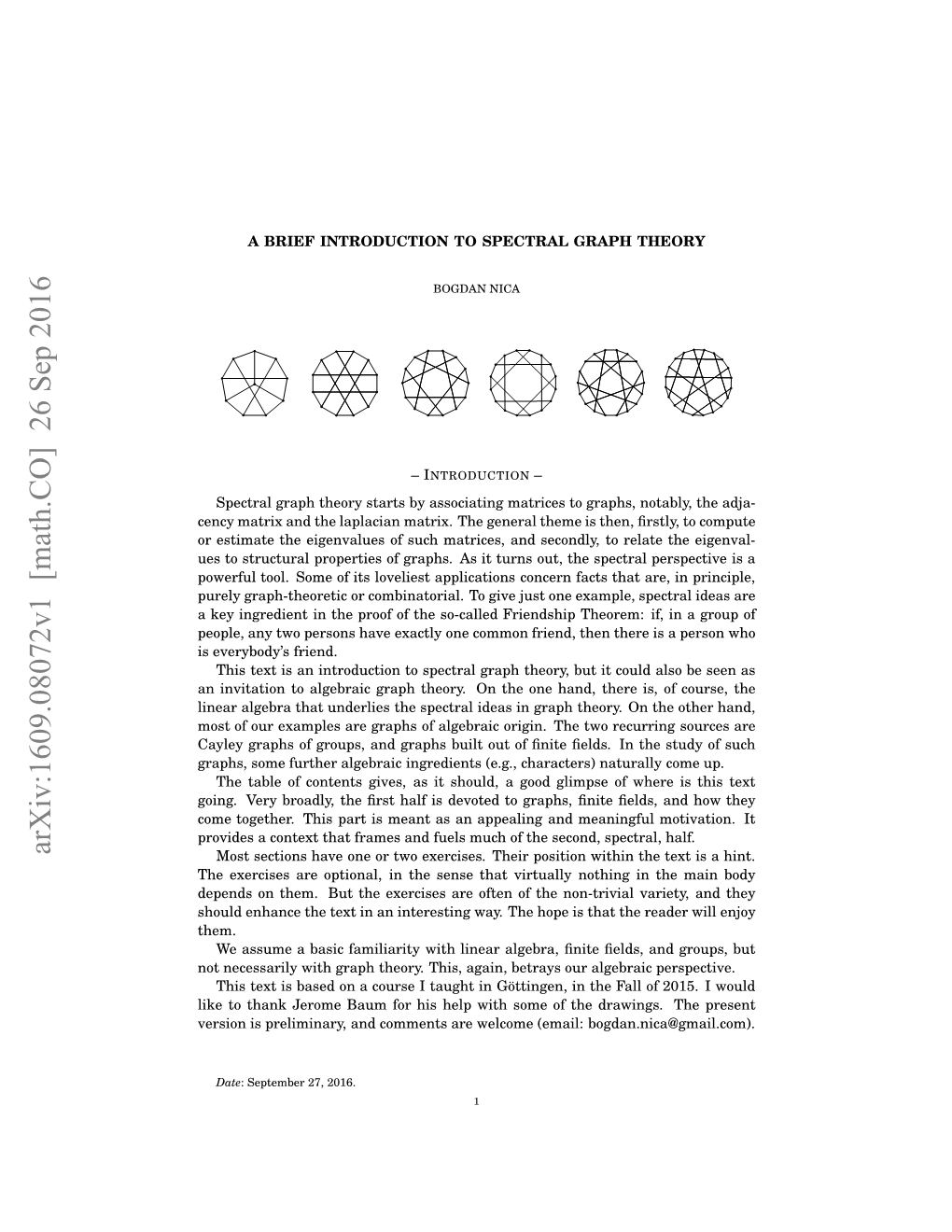 A Brief Introduction to Spectral Graph Theory