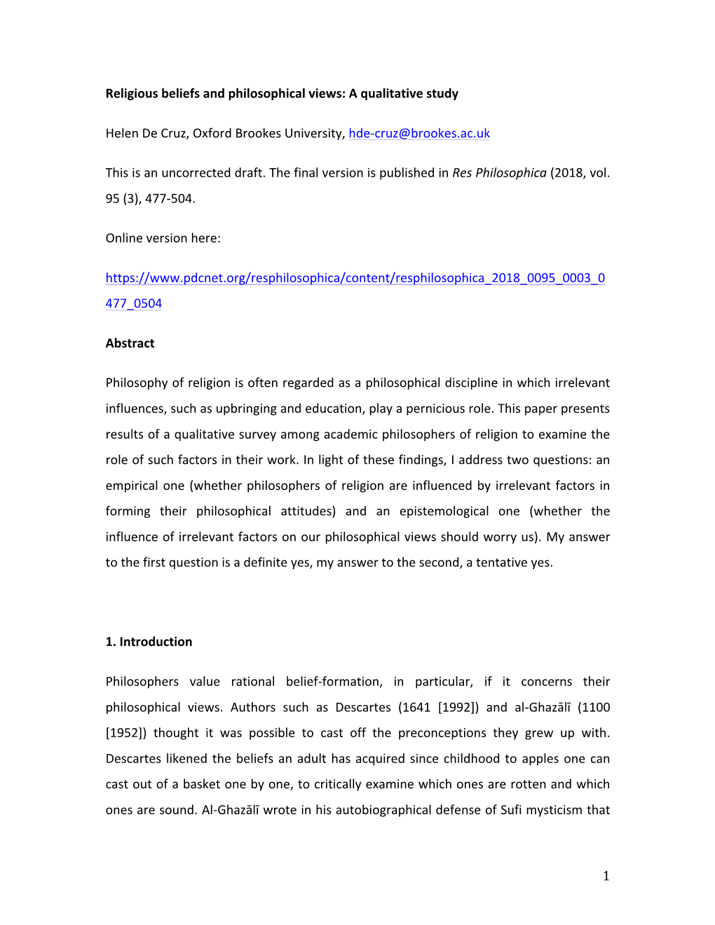 1 Religious Beliefs and Philosophical Views: a Qualitative Study Helen De Cruz, Oxford Brookes University, Hde-Cruz@Brookes.Ac