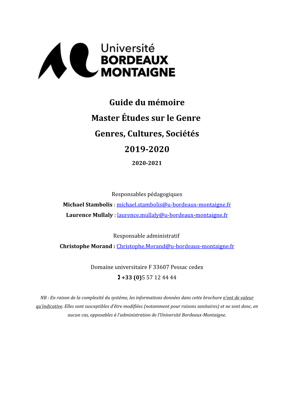 Guide Du Mémoire Master Études Sur Le Genre Genres, Cultures, Sociétés 2019-2020
