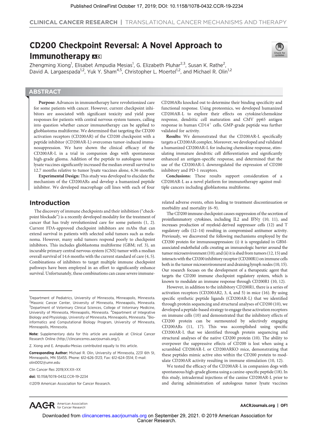 CD200 Checkpoint Reversal: a Novel Approach to Immunotherapy a C Zhengming Xiong1, Elisabet Ampudia Mesias1, G