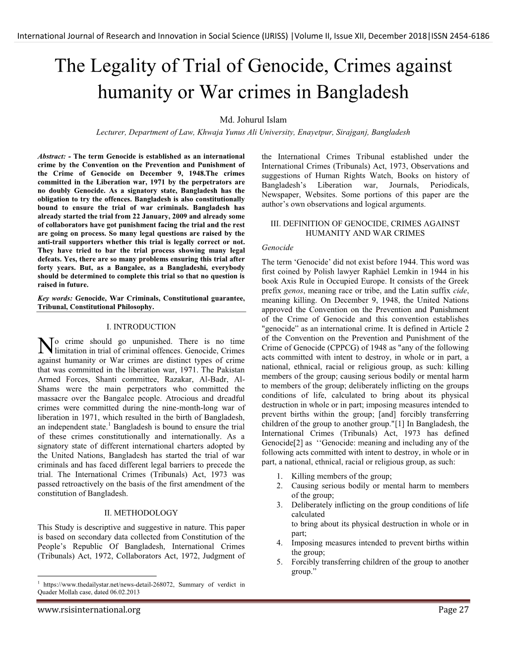 The Legality of Trial of Genocide, Crimes Against Humanity Or War Crimes in Bangladesh