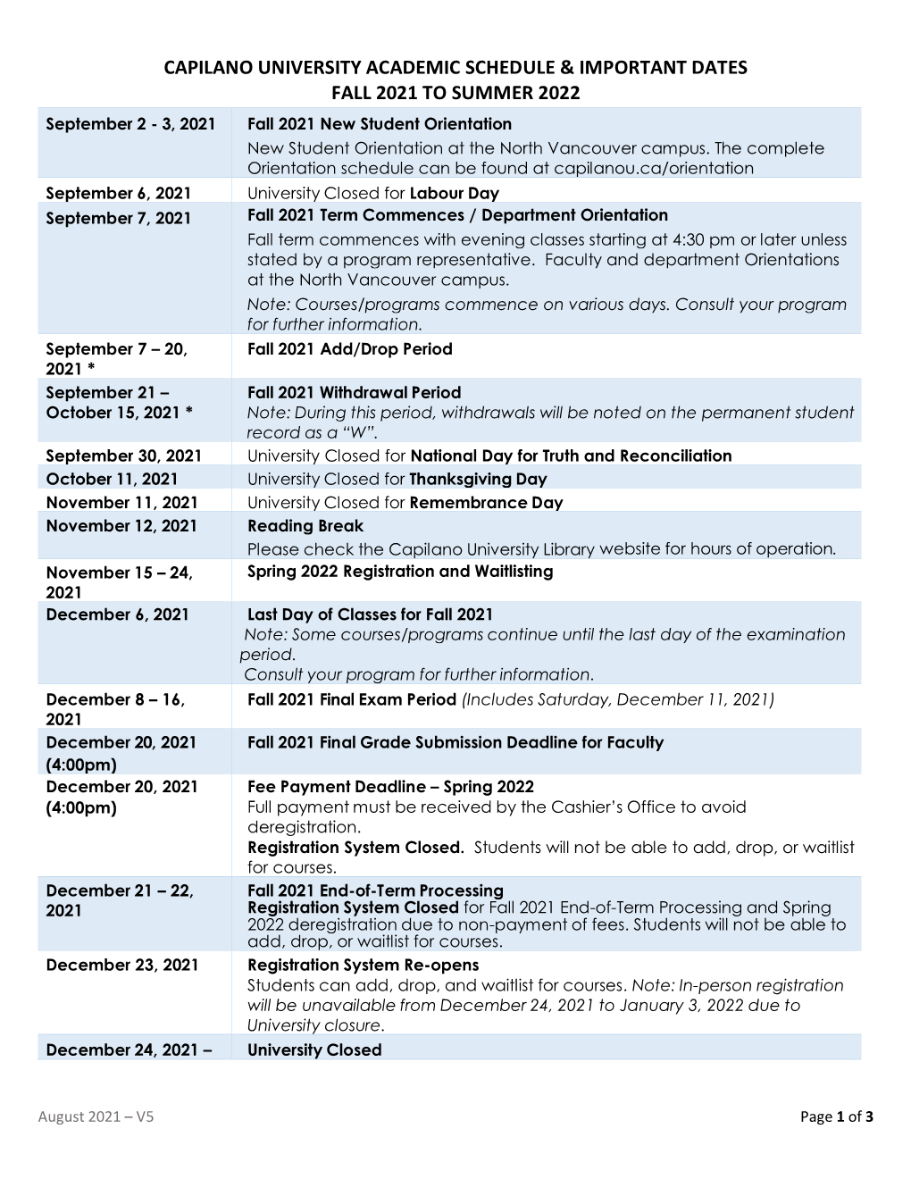 Academic Schedule and Important Dates 2021