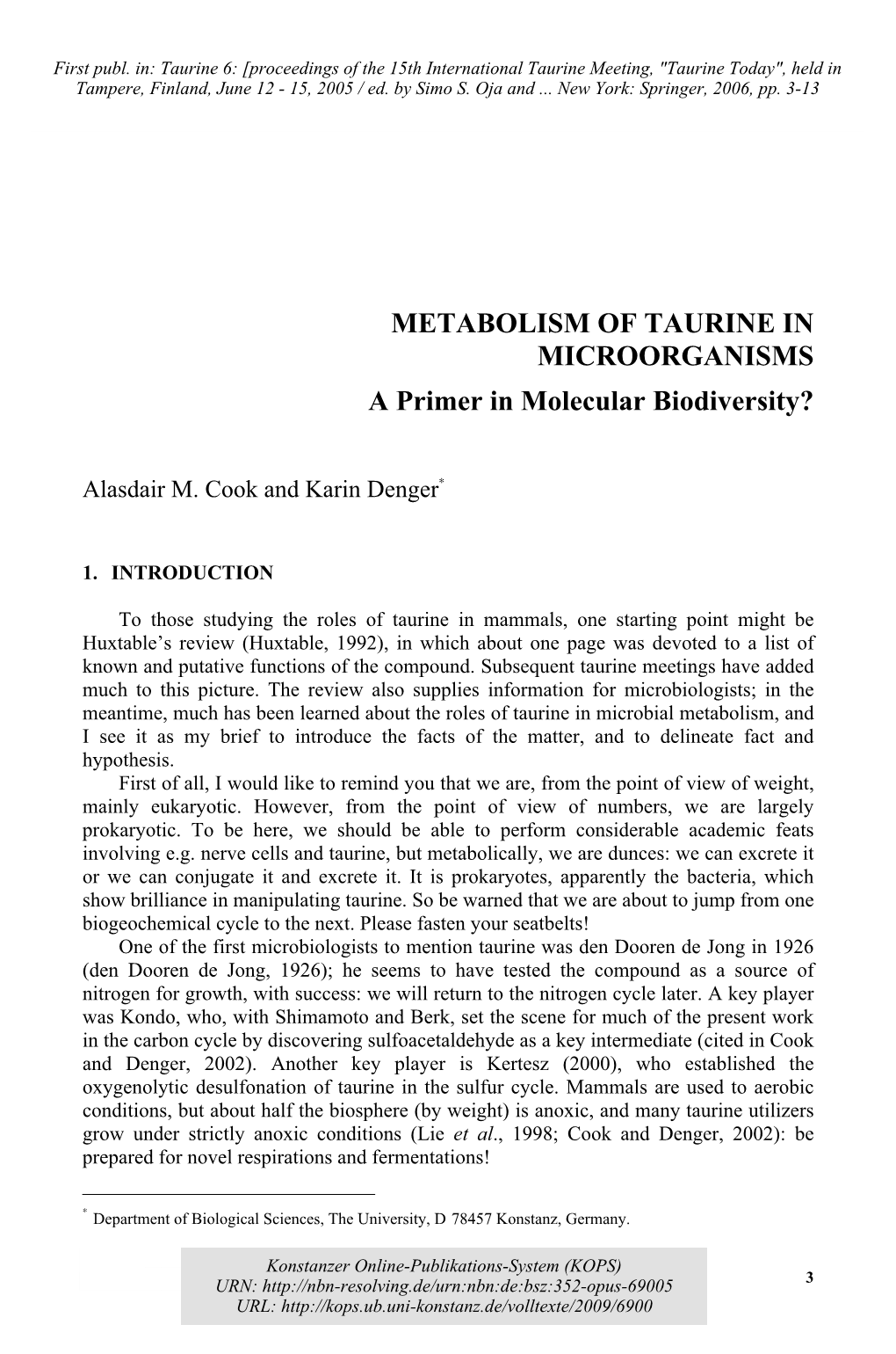 Metabolism of Taurine in Microorganisms. a Primer In