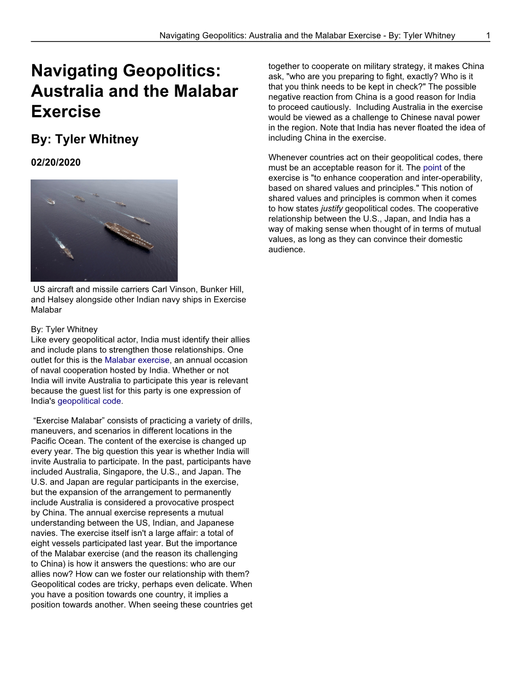 Navigating Geopolitics: Australia and the Malabar Exercise - By: Tyler Whitney 1