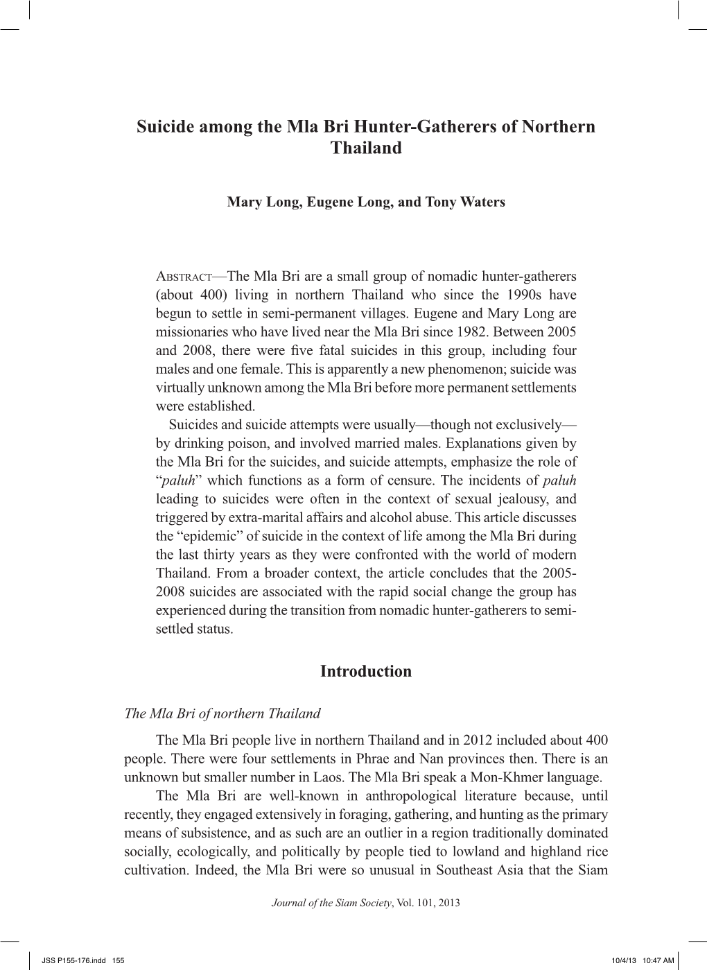 Suicide Among the Mla Bri Hunter-Gatherers of Northern Thailand