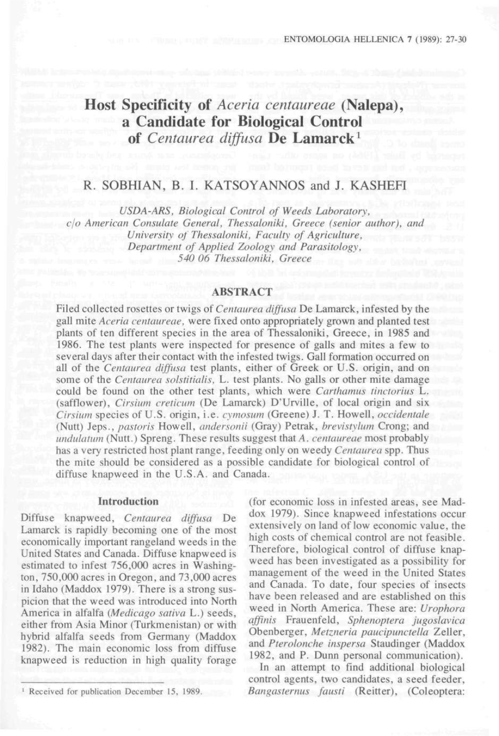 Host Specificity of Aceria Centaureae (Nalepa), a Candidate for Biological Control of Centaurea Diffusa De Lamarck1