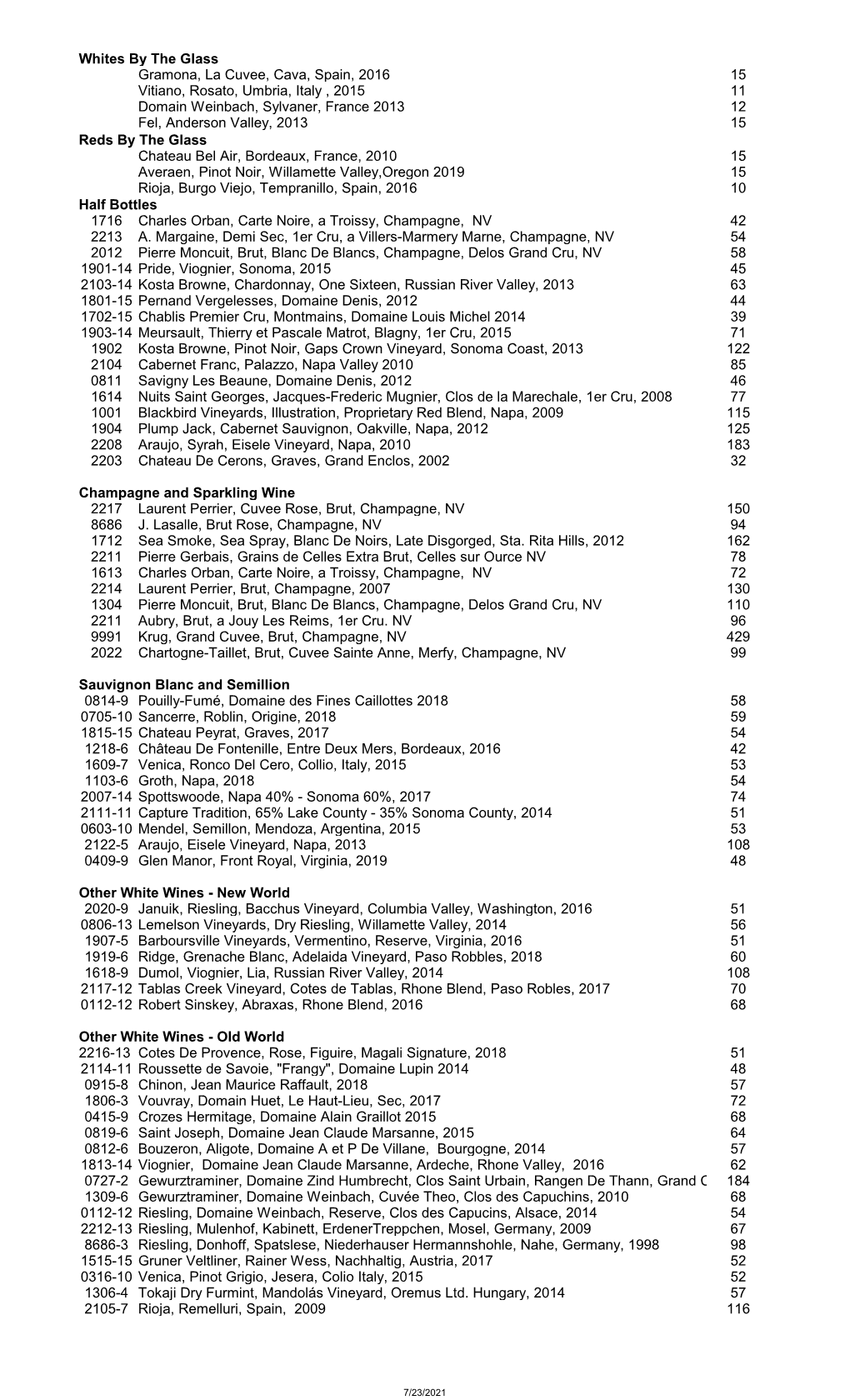 Whites by the Glass Gramona, La Cuvee, Cava, Spain, 2016 15 Vitiano, Rosato, Umbria, Italy , 2015 11 Domain Weinbach, Sylvaner