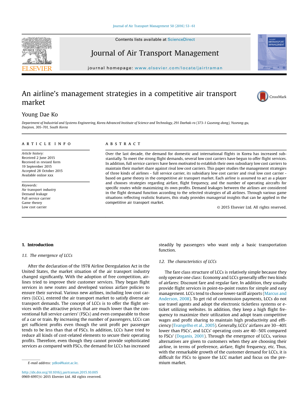 An Airline's Management Strategies in a Competitive Air Transport Market