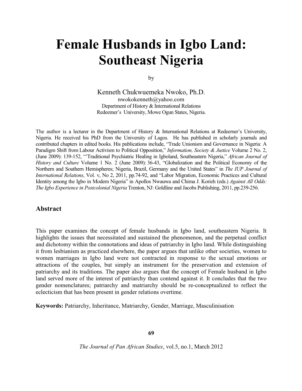 Female Husbands in Igbo Land: Southeast Nigeria