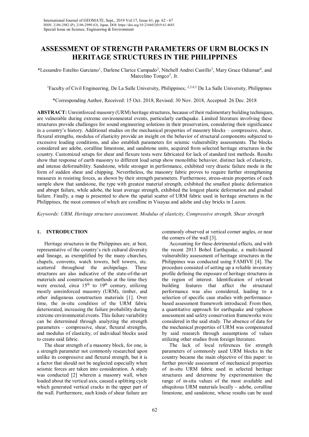 Assessment of Strength Parameters of Urm Blocks in Heritage Structures in the Philippines