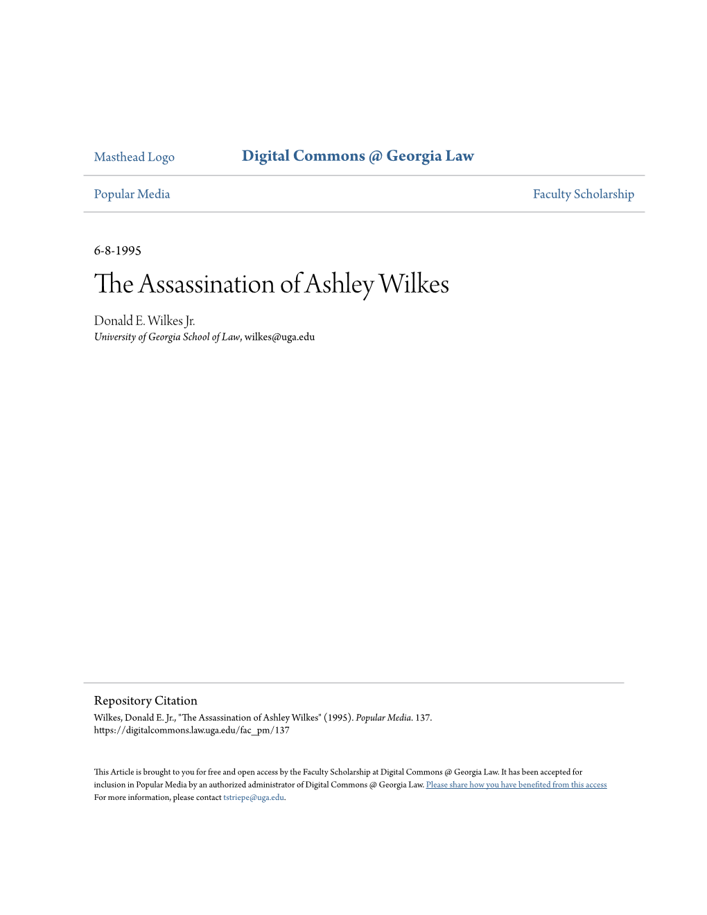 The Assassination of Ashley Wilkes Donald E