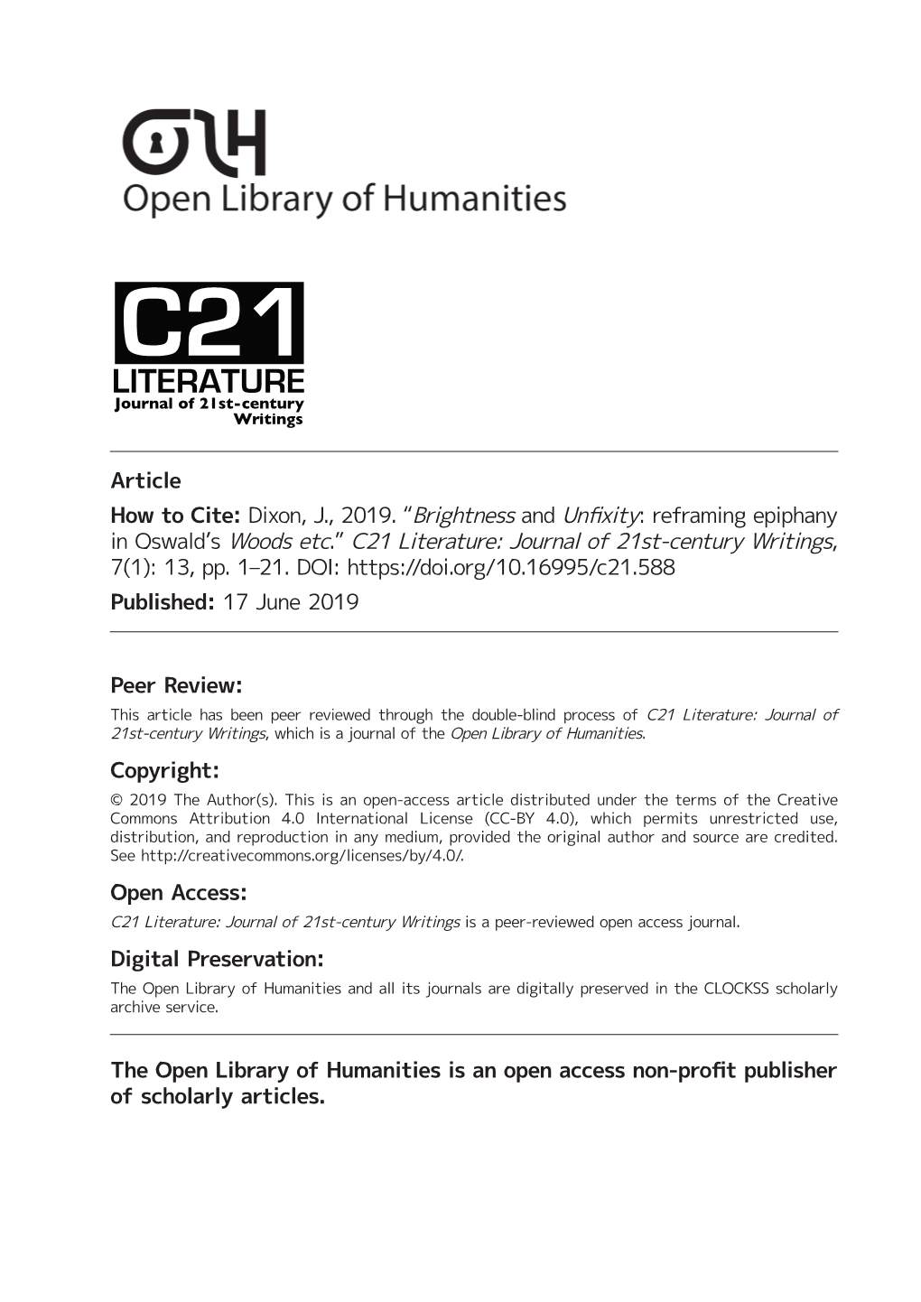 Brightness and Unfixity: Reframing Epiphany in Oswald's Woods Etc