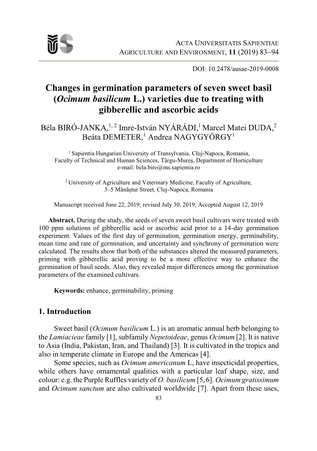 Changes in Germination Parameters of Seven Sweet Basil (Ocimum Basilicum L.) Varieties Due to Treating with Gibberellic and Ascorbic Acids