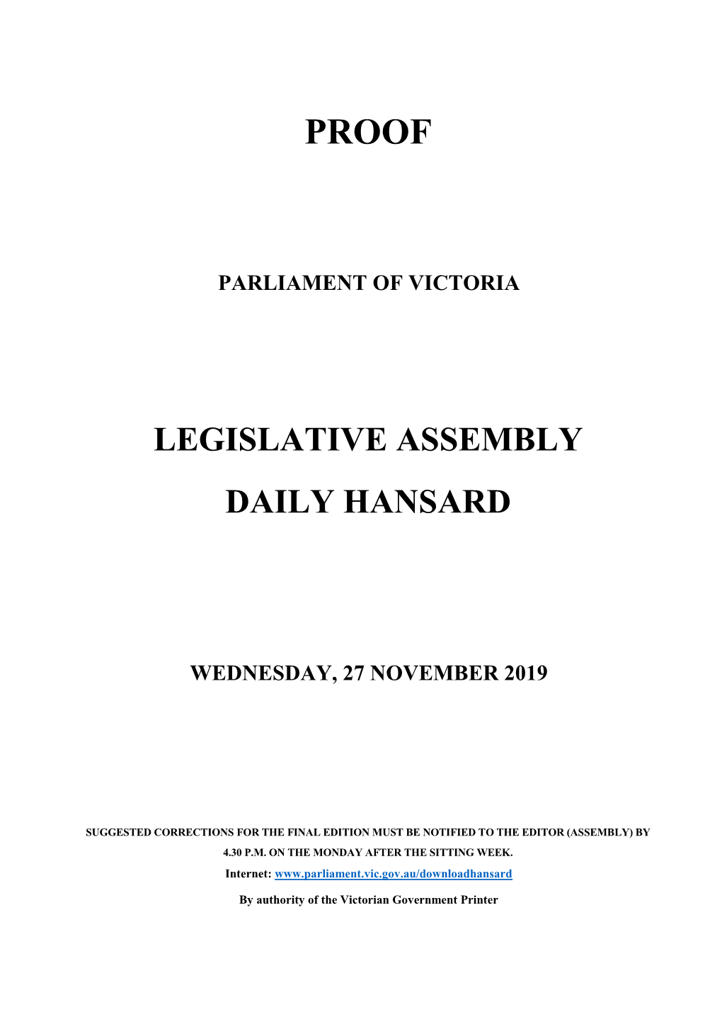 Legislative Assembly Daily Hansard – 27 November 2019