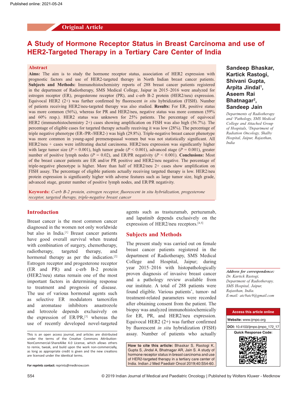 A Study of Hormone Receptor Status in Breast Carcinoma and Use of HER2‑Targeted Therapy in a Tertiary Care Center of India