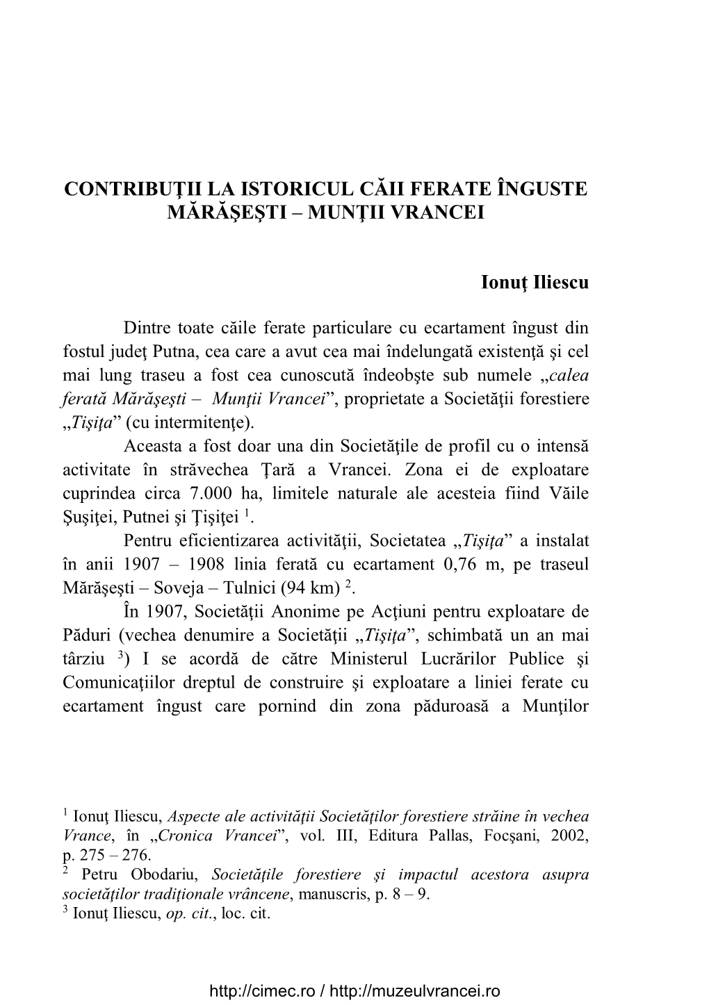 Contribuţii La Istoricul Căii Ferate Înguste Mărăşeşti – Munţii Vrancei