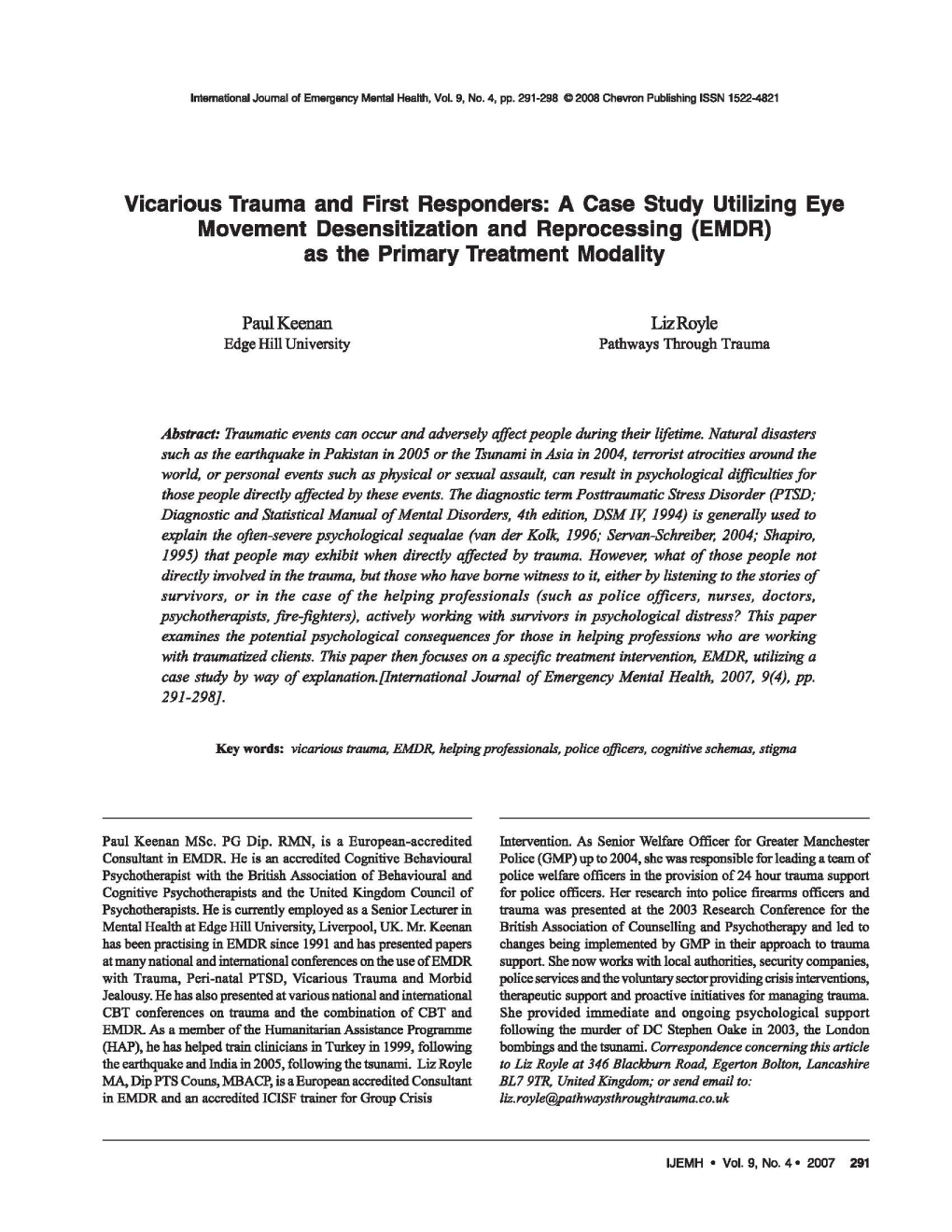 Vicarious Trauma and First Responders: a Case Study Utilizing Eye Movement Desensitization and Reprocessing (EMDR) As the Primary Treatment Modality