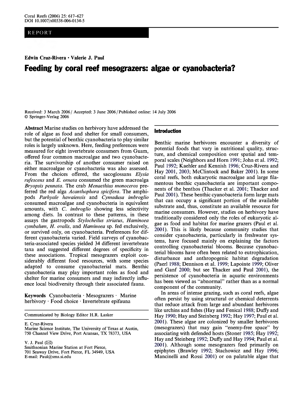 Feeding by Coral Reef Mesograzers: Algae Or Cyanobacteria?