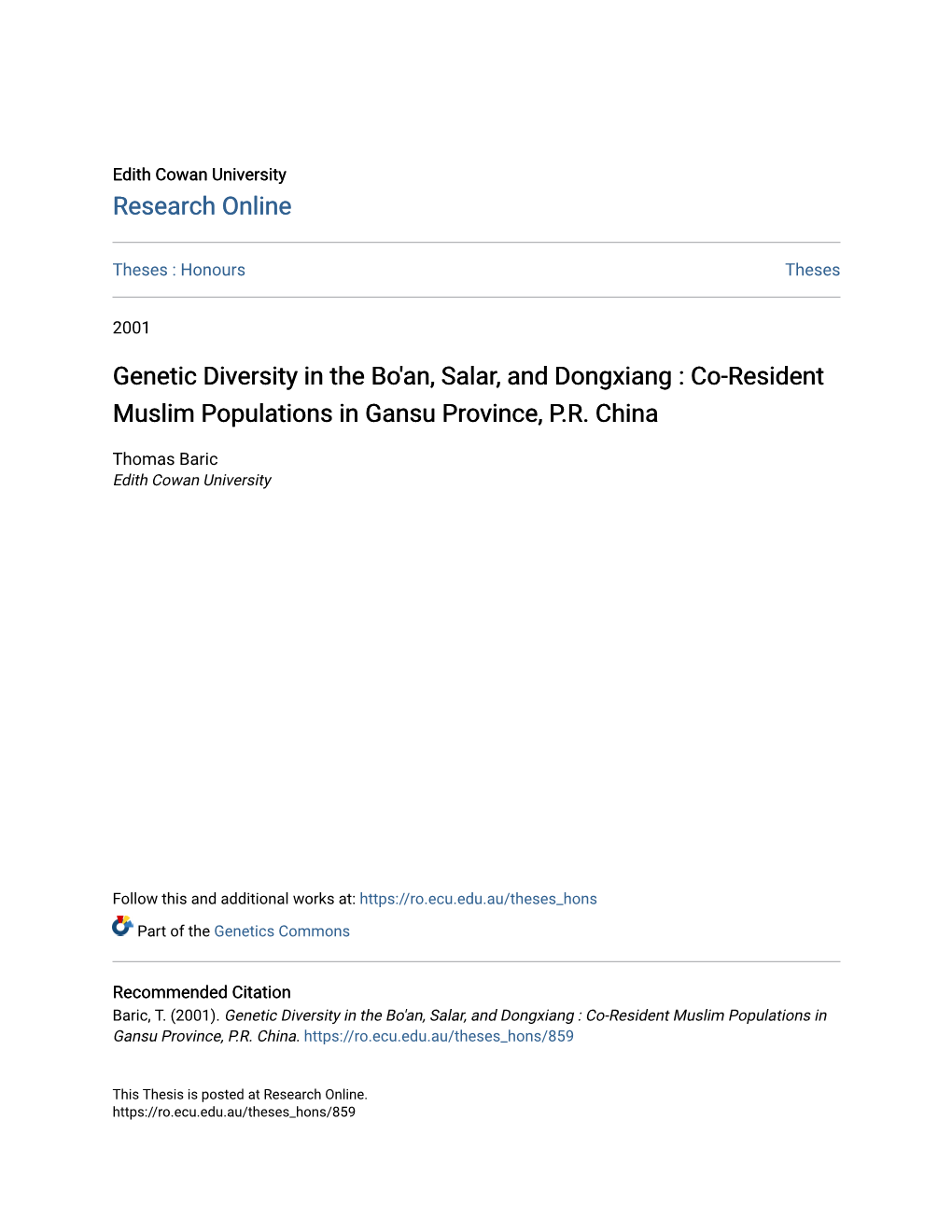 Genetic Diversity in the Bo'an, Salar, and Dongxiang : Co-Resident Muslim Populations in Gansu Province, P.R