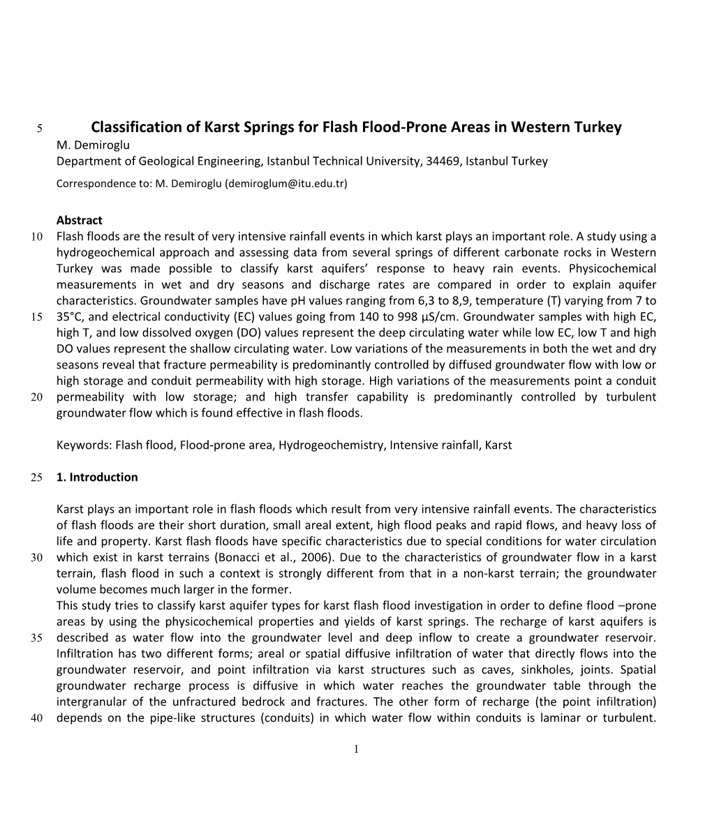 Classification of Karst Springs for Flash Flood-Prone Areas in Western Turkey M