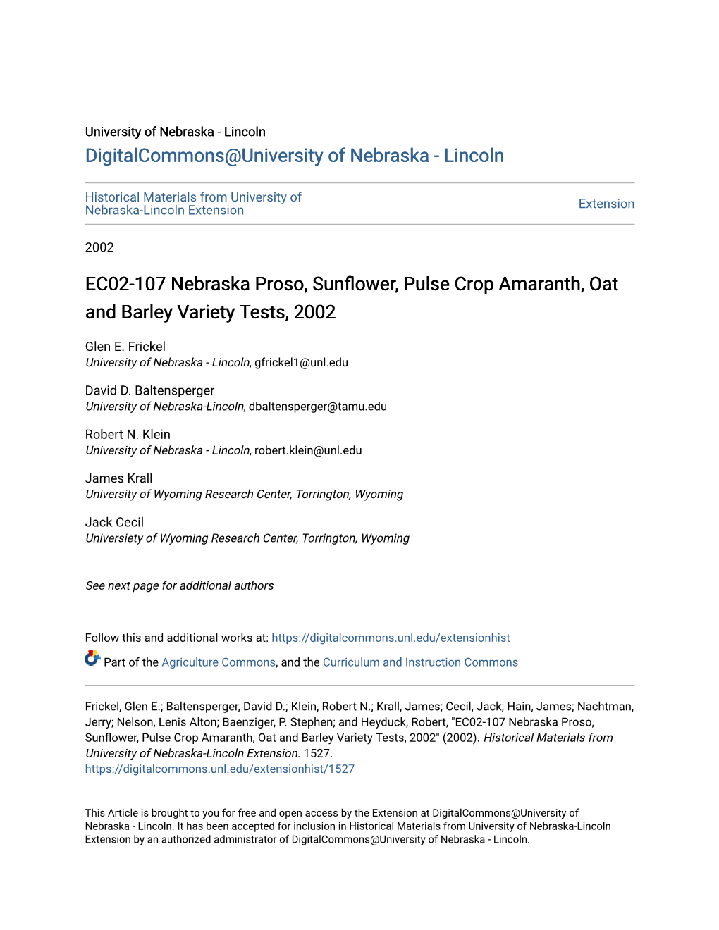 EC02-107 Nebraska Proso, Sunflower, Pulse Crop Amaranth, Oat and Barley Variety Tests, 2002