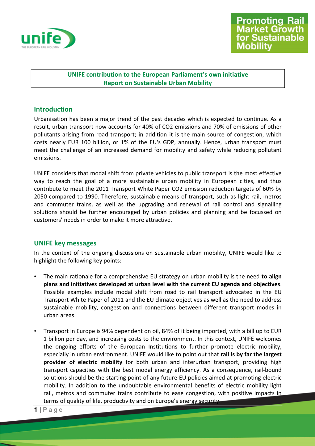 UNIFE Position Paper on Urban Mobility